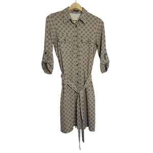 J.McLaughlin Women Gray Beige Geometric Print Belted Shirt Dress Size XS